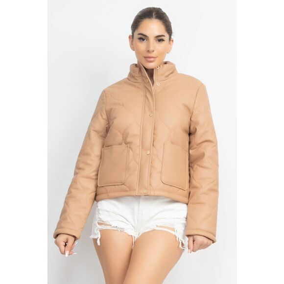 Taupe Mock Neck Quilted Jacket - Picture 2 of 5